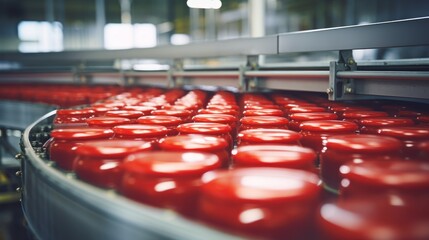 Canned tomatoes on a conveyor belt in an industrial plant. Food safety industry