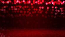 Red Cement Floor With Red Light Circles Bokeh Used For Christmas Or Valentines Day Festive Background. Red Sparkle Glitter Abstract Background. Gradient Red Background With Bokeh Flowing.