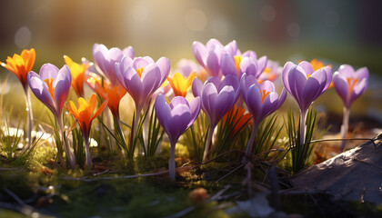 Wall Mural - crocuses bloom on the grass with sunlight. spring flowers in sunlight.