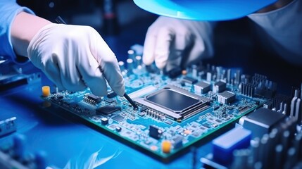 Poster - Close up The technician laying CPU in the motherboard socket 