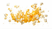 White Background With Falling Popcorn Isolated