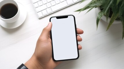Poster - Cropped shot top view of businessman hands using smartphone mockup 