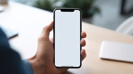 Poster - top view of businessman hands using smartphone mockup at the white office desk. 