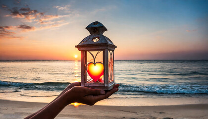 Wall Mural - Seaside Serenity: Embracing the Morning with a Lantern and Heart on the Beach