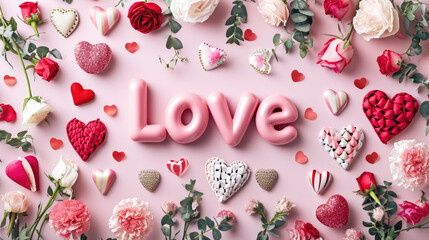 Wall Mural - Love - Valentine's Day flatlay with hearts and flowers, in pink, red and white colors, pink background