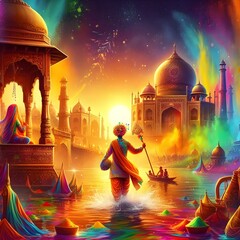 Wall Mural - Holi festival background banner poster template creative for indian festival of color celebration with happy Holi