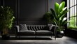 black interior modern classic a large black sofa a sofa in expensive fabric a green houseplant black dark room ai