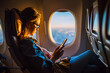 © Thaspol - Young woman sitting with phone on the aircraft seat near the window during the flight in the airplane.- Generative AI.