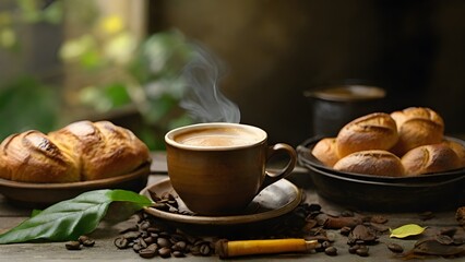 Wall Mural - Hot coffee and breads in background with leaves, in the style of distressed and weathered surfaces, background image, generative AI