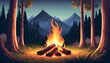 campfire in the forest in the night vector illustration of fire in the nature traveling illustration holiday camp cartoon style landscape mountain vacation bonfire in the wood for picnic