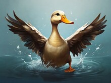 A Duck Flaps Its Wings In The Water. Painting. Generative AI