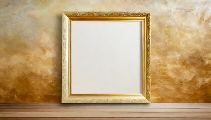 Wall Mural - beige and nacre gold frame painting paper empty card on wood wall abstract texture copy space neutral grunge background