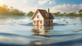 Fototapeta Lawenda - a miniature model house submerged in water natural disasters and floods concept background generative ai