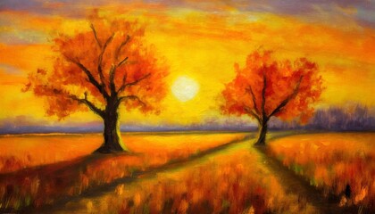 Wall Mural - square oil painting of a cute spooky orange landscape with two autumn trees on sunset printable wall art