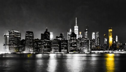 Wall Mural - yellow lights of the new york city skyline shining against a black and white cityscape in manhattan nyc