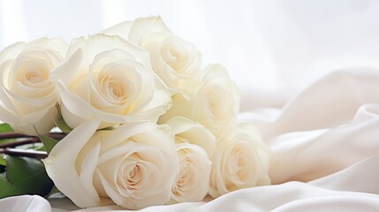 Wall Mural - White roses bouquet on white background with soft focus. 