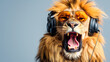 lion roaring with headphones and sunglasses
