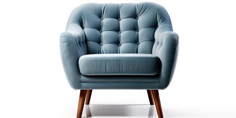 Art deco style blue velvet armchair with wooden legs isolated on white background, front view, with grey shadow. Furniture collection.