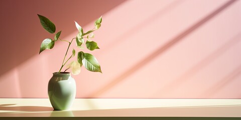 Sticker - Minimalistic still life of green leaf and vase on pastel pink table, embodying spring or summer vibes with sunlight casting hard shadows. Embracing the concept of floral beauty in interior design