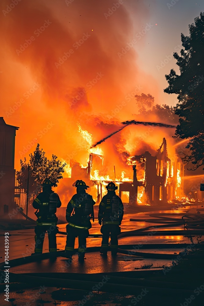 911. Firefighters at work against the backdrop of a raging flame ...