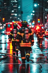 Wall Mural - 911. Firefighters at work against the backdrop of a raging flame. Powerful images showcasing firefighters in action, fearlessly combating fires to protect lives and property.