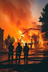 Wall Mural - 911. Firefighters at work against the backdrop of a raging flame. Captivating images capturing the tireless efforts and sacrifices of firefighters, often overlooked but always crucial.