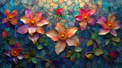 Wall Mural - Stained glass window background with colorful Flower and Leaf abstract.