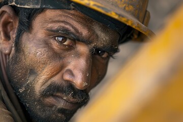 A rugged man with a weathered face dons a hard hat as he prepares for a day of work in the great outdoors