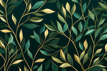 Botanical Abstract Green Wallpaper With Golden Branches And Leaves  Pattern In Line Art On Watercolor Background For Banner Design, Textile, Print.