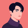 The face of a young Asian man on a red background. Vector flat Illustration