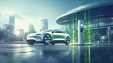 Fototapeta Przestrzenne - Innovative electric car connected to charging station with future architecture building background. Technological advancement rechargeable EV car using alternative clean and sustainable energy. 