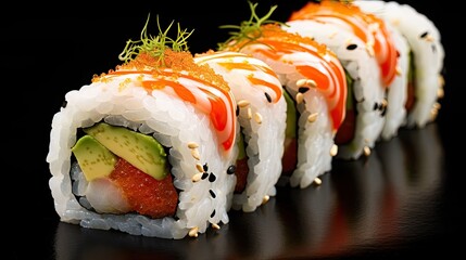 Wall Mural - A close-up of a sushi roll with avocado, salmon, and rice, served on a black plate.