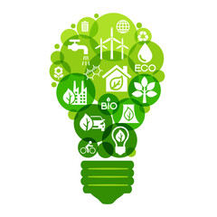 Ecology Infographics design elements. Template bulb with eco icons. Climate strategy background