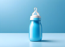 Pacifier Baby Bottle With Milk On A Minimalistic Pastel Blue Background