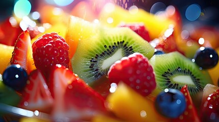 Poster - Hyper realistic juicy fruit salad, extreme close up, juicy pulp, light illuminated through the pulp, glistening in the light, bokeh, chromatic aberration, shallow depth of field 