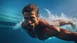 Professional swimmer in open water, sideview, male swimming freestyle showing his muscles, side view with arms above the water, hyper realistic 8k photography 