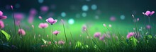 There Are A Few Pink Wildflowers In The Emerald Green Grass, Cinematic Lighting, Light Track Photography, Cartoon Style, 8K, High Resolution