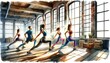 © S photographer - The image is a watercolor-style depiction of a yoga class with participants in various poses, bathed in sunlight from large windows.