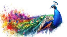 Rainbow Peacock Clipart, Cartoon Illustration, On White Background