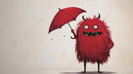 red cute monster character, full body holding red umbrella