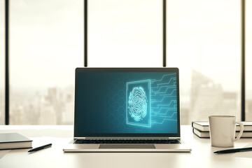 Poster - Abstract creative fingerprint hologram on modern computer monitor, protection of personal information concept. 3D Rendering
