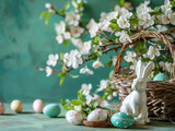 Fototapeta Na ścianę - Happy easter. Wicker basket with Easter eggs, ceramic bunny and branches of a blooming apple tree on a congratulatory turquoise background with copy space
