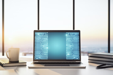 Aufkleber - Creative abstract micro chip hologram on modern computer monitor, artificial intelligence and machine learning concept. 3D Rendering