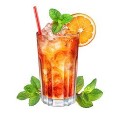 Wall Mural - Mai Tai in a Highball Glass a Vibrant Mix of Orange and Red Hues Garnished With a Lime Wheel and a Sprig of Mint.. Isolated on a Transparent Background. Cutout PNG.