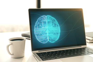 Poster - Creative artificial Intelligence concept with human brain sketch on modern laptop monitor. 3D Rendering