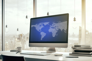 Poster - Abstract graphic world map on modern laptop screen, connection and communication concept. 3D Rendering