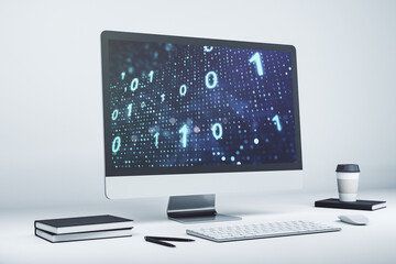 Aufkleber - Modern computer monitor with creative abstract binary code hologram. Database and programming concept. 3D Rendering