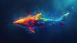 Rainbow-colored shark floating in blue water.