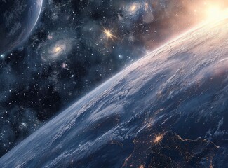 Wall Mural - earth from space with a star coming to earth through star storm on a space background