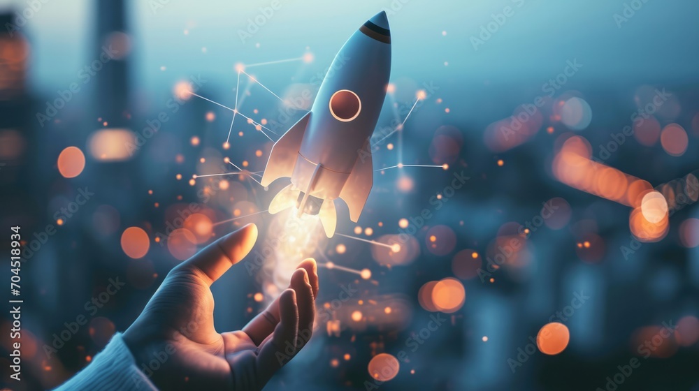 Businessman control rocket is launching and soar flying out from hand ...